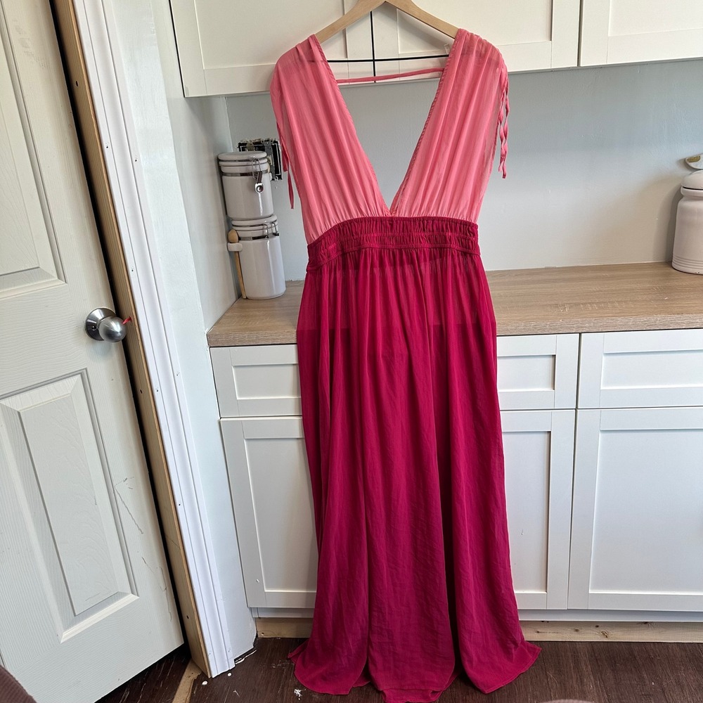 Maxi Swim Cover Womens L Pink Magenta Colorblock Deep V-Neck Sheer Lightweight